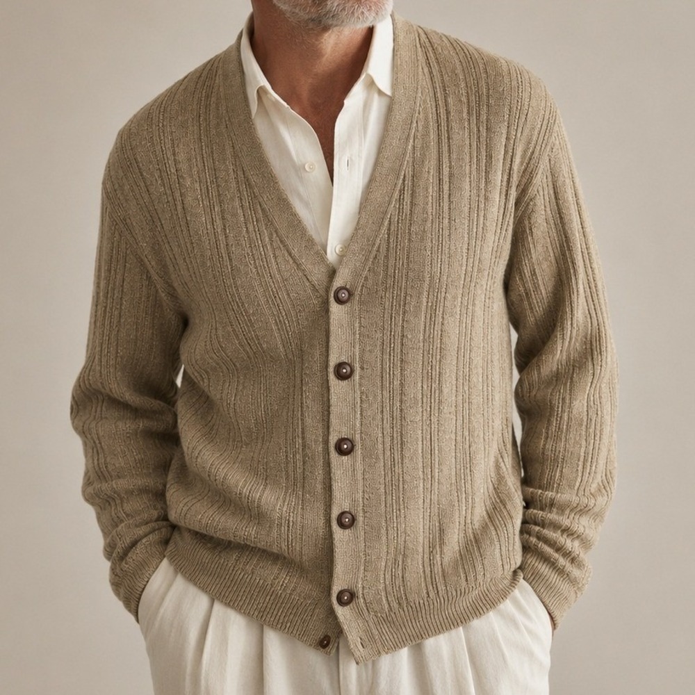 Oscar De La Renta XL Rib Knit Cardigan Sweater Beige Grandpa Quiet Luxury Y2K
